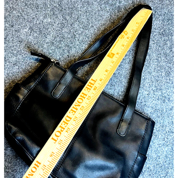 Leather Shoulder Handbag Black Small Double Handles Side Pockets Classic Casual - Picture 5 of 5